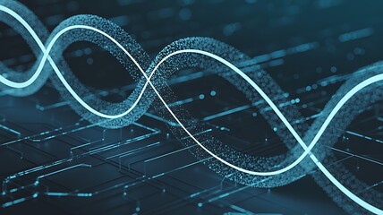 Abstract representation of dna helix interwoven with digital circuit board patterns