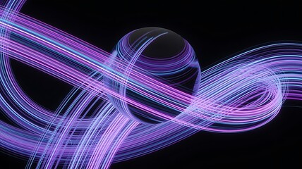 Abstract sphere with flowing neon light trails in purple and blue