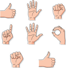 Vector set of human hand gestures, including thumbs up, open palm, pointing index finger, and closed fist, for communication concepts,