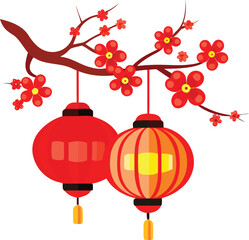 Two vibrant red lanterns with golden accents, hanging, Asian festival decoration, traditional, festive