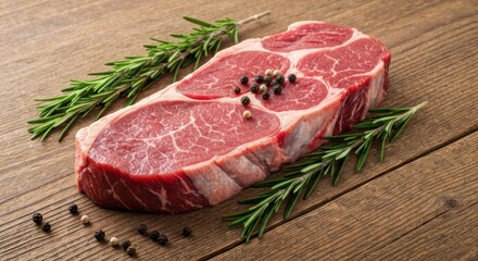 Fototapeta premium Raw steak with rosemary and peppercorns on a wooden surface