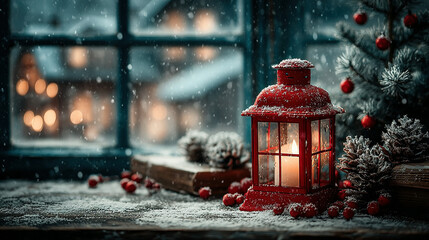 Cozy winter scene with a lit candle, Christmas ornaments, and frosty decorations.