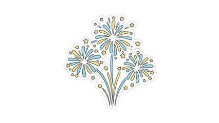 Stylized blue and yellow fireworks exploding with stars, a festive celebration sticker illustration. © ayana