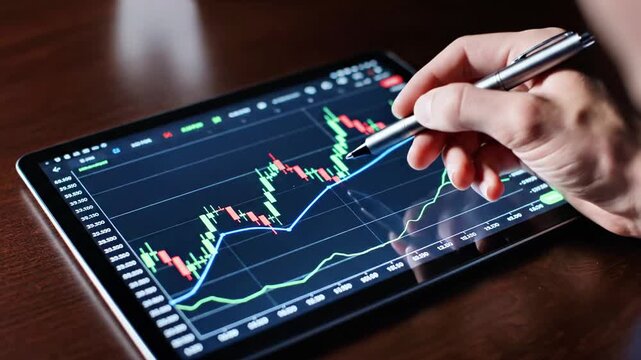 A hand holding a stylus interacts with a tablet displaying a line graph with green and red lines on a dark background