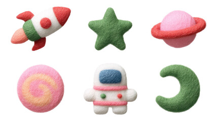 Soft Fuzzy Space Explorer Icons with Wool Texture for Imaginative Backgrounds
