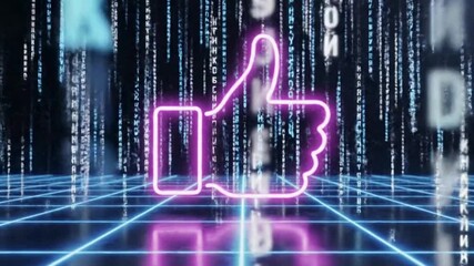 Glowing purple neon thumbs up icon with falling binary code rain in futuristic cyberspace - Powered by Adobe