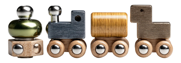 Colorful Wooden Toy Train Set with Different Shapes and Styles on Isolated Background