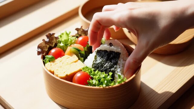 Hand Picking Up Onigiri Rice Ball From Bento Box With Tamagoyaki, Tomatoes and Lettuce