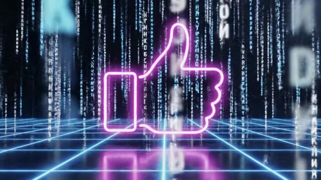 Glowing purple neon thumbs up icon with falling binary code rain in futuristic cyberspace