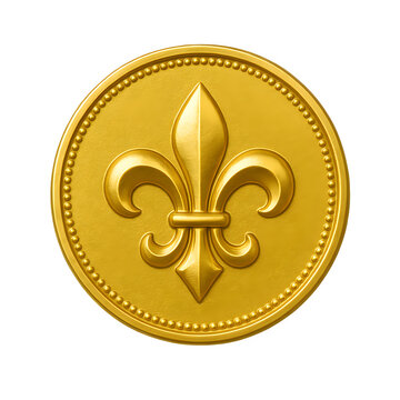 Mardi Gras gold doubloon coin with fleur de lis symbol isolated on transparent background