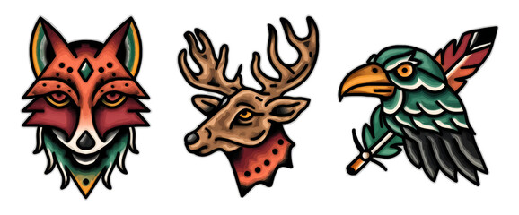 Naklejka premium Mythical Creatures Trio in Bold Line Illustration Featuring Fox, Deer, and Bird