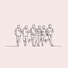 Continuous Line Art: Group of People Running. Minimalist illustration of friends jogging for fitness and teamwork.