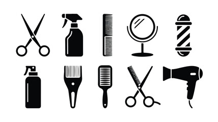 A set of black and white minimalist icons of barbershop and hairdressing tools arranged in two rows.