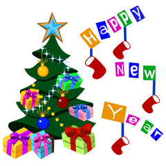 An illustration of a decorated Christmas tree with gift boxes. Element for your design of cards, invitations, greetings, and much more.
