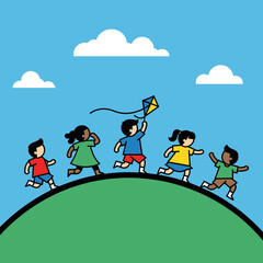 Joyful diverse children running up a green hill, flying a kite under a blue sky. Kids playing outdoors, summer fun.