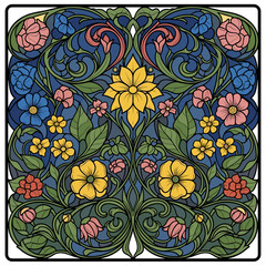 Art Nouveau Stained Glass Floral Pattern. Elegant Botanical Illustration with Vintage Flower Motif & Swirling Leaves on Blue.