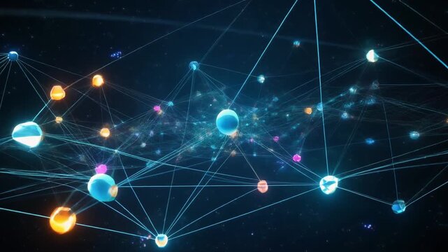 A complex network of interconnected nodes and lines, representing a futuristic digital landscape, viewed from a distant perspective.