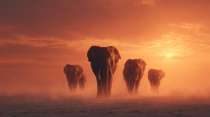 Elephants walking in desert dust at orange sunset