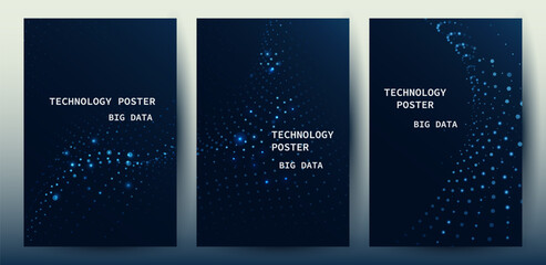 Big data technology poster set with Blue wave particle glowing and data visualization
