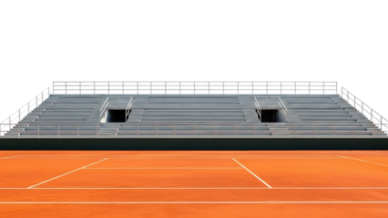 Empty gray bleachers on orange tennis court isolated on a transparent background