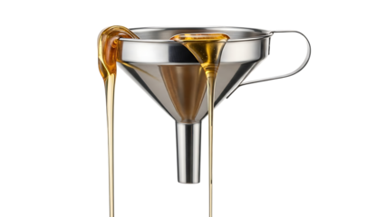 Metal funnel with golden liquid pouring isolated on a transparent background 1