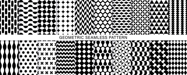 20種類のモノクロ幾何学模様の背景／シームレスパターンセット