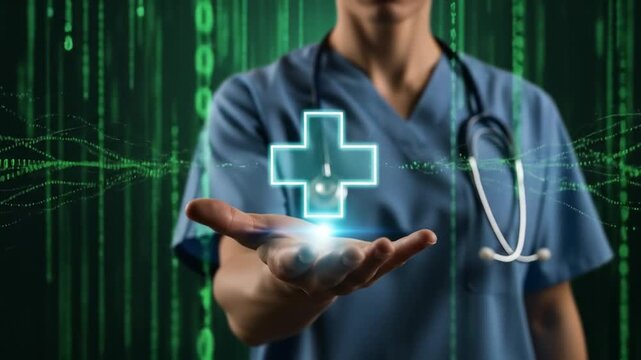 Futuristic healthcare concept: Doctor holding digital cross over binary code background