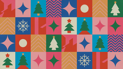 Festive geometric pattern with Christmas trees snowflakes and stars in bold colors