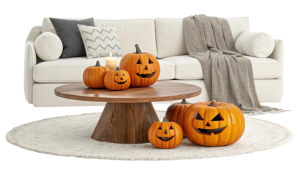 Carved Pumpkins on Wooden Table in Front of White Sofa with Gray Blanket living room