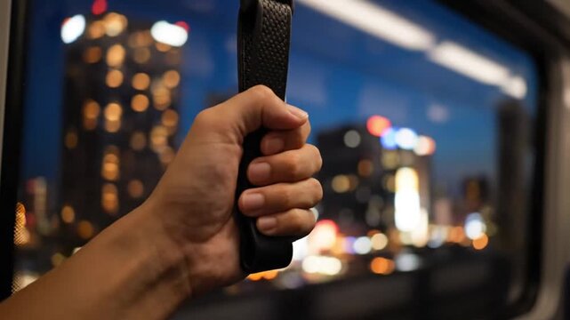 Generative ai captures nighttime urban commute handgrip on train cityscape view dynamic city environment