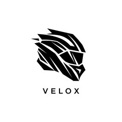 Abstract geometric black helmet logo design with sharp angular lines.