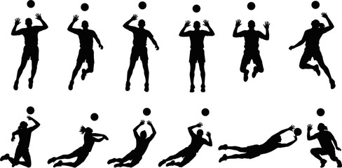Black and white silhouette vector set of volleyball players jumping, spiking, blocking, and diving, depicting dynamic action, team sport, athletic competition, and competitive game icons.