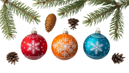 Colorful Christmas Ornaments with Pine Branches and Pinecones
