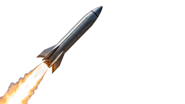 Metallic rocket with flames isolated on a transparent background fire launch 1 - Powered by Adobe