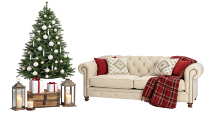 Festive Living Room with Christmas Tree White Ornaments Red and White Gifts Couch