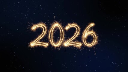 The celebratory golden year 2026 sparkles brightly, drawn using a festive light writing technique on a dark night background.