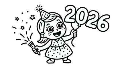 New Year Celebration: A cheerful girl ushers in the year 2026, holding a celebratory balloon and a sparkling firecracker, her eyes wide with joy. 
