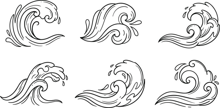 Hand drawn ocean wave illustration set with flowing water splashes, dynamic curls and decorative sea elements in clean black line art