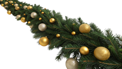 Gold and silver baubles on green pine branches with candles in background gold baubles