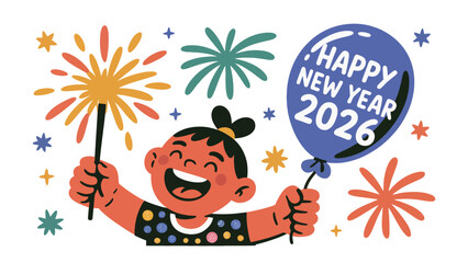 Fototapeta premium A Happy New Year 2026: An illustration of a cheerful child celebrating New Year 2026 with a firework and a balloon. A vibrant scene celebrating a new beginning and excitement of coming year.