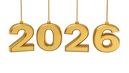 Golden 2026 digits with hanging ornaments on strings numbers