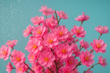 Obraz premium AI generated vibrant pink blossoms in full bloom with fresh water spray on soft blue background lively spring mood energetic natural beauty and clean copy space