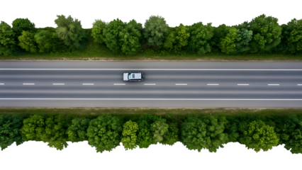 Aerial view of a white van driving on a highway with green trees isolated on a transparent background
