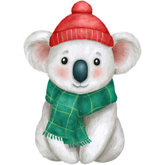 watercolor of christmas koala in white color with scarf and hat