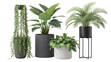 Large Green Plants in Various Pots Against a Green Background foliage indoor