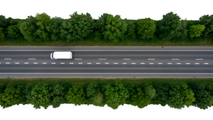 Aerial view of white van driving on highway with green trees isolated on a transparent background road 1