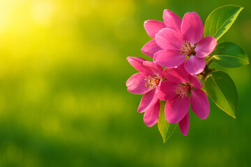Obraz premium AI generated bright pink spring blossoms with fresh green leaves on soft yellow green bokeh background warm sunlight joyful nature copy space