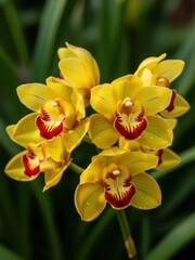 Fototapeta premium Beautiful yellow orchid flowers with red spots, in full bloom