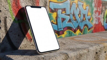 Smartphone mockup placed on a textured concrete wall ledge with urban graffiti behind