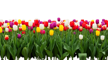 Colorful tulips in a field isolated on a transparent background flowers green leaves 1